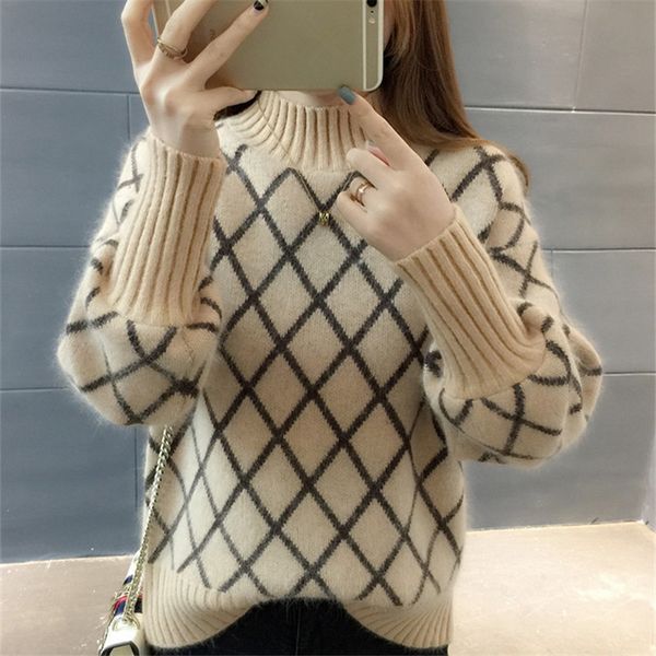 

women s sweaters women pullover sweater spring autumn korean diamond lattice half turtleneck knitted female casual knitwear h1678 220908, White;black