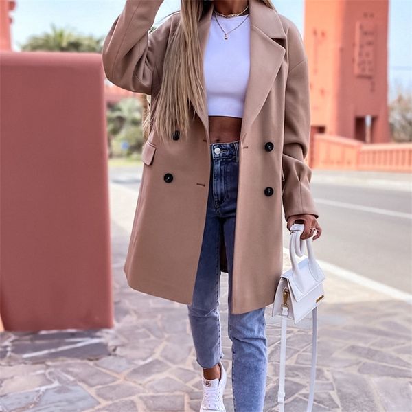 

women's wool blends casual long sleeve midi blazer fall elegant lapel double-breasted woolen jackets winter women fashion loose solid o, Black