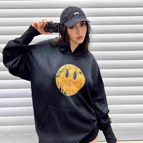 

dw cracked smiley print hoodie men's grey plush sweatshirt patchwork faded vintage couple hooded pullover sweater, Black