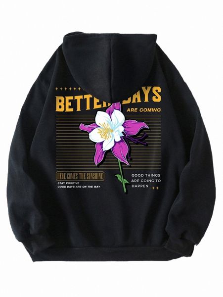 

women's hoodies & sweatshirts floral and slogan graphic drawstring thermal lined hoodie p4wx#, Black