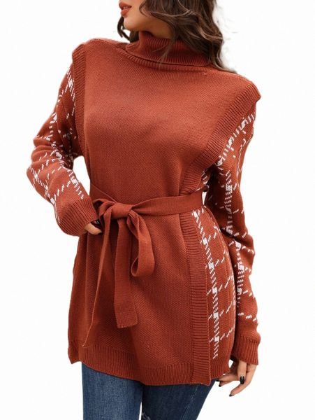 

women's sweaters plaid pattern turtle neck 2 in 1 belted sweater 03r4#, White;black