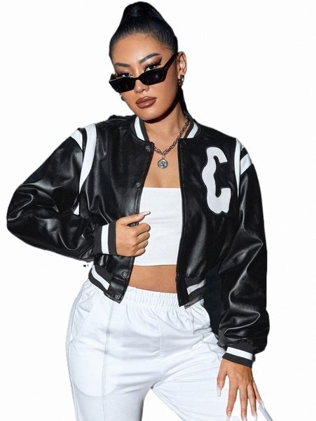 

women's jackets sxy pu letter embroidery bomber jacket d1gx#, Black;brown