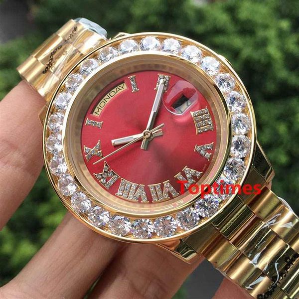 

iced out yellow gold big luxury men day-date stainless steel president automatic business red mens diamond watch wristwatches watc2954, Slivery;brown