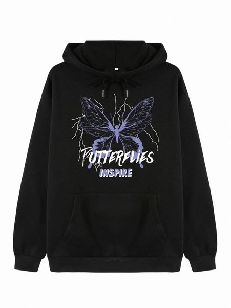 

women's hoodies & sweatshirts butterfly & letter graphic hoodie 81gs#, Black