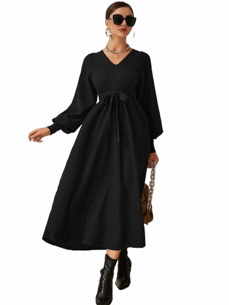

casual dresses waffle knit lantern sleeve belted sweater dress 36jm#, Black;gray