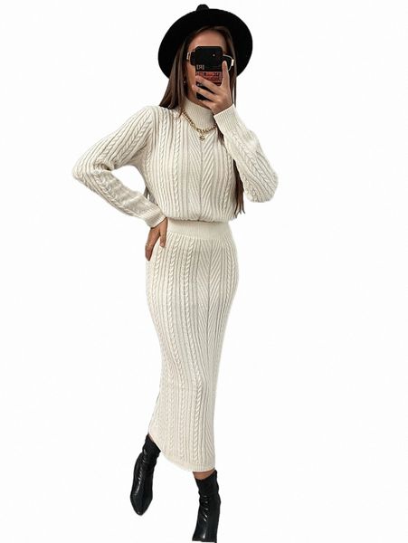 

women's sweaters cable knit mock neck sweater with knit skirt k31f#, White;black