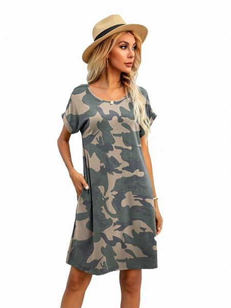 

casual dresses dearcase camo print pocket side tee dress i5x5#, Black;gray