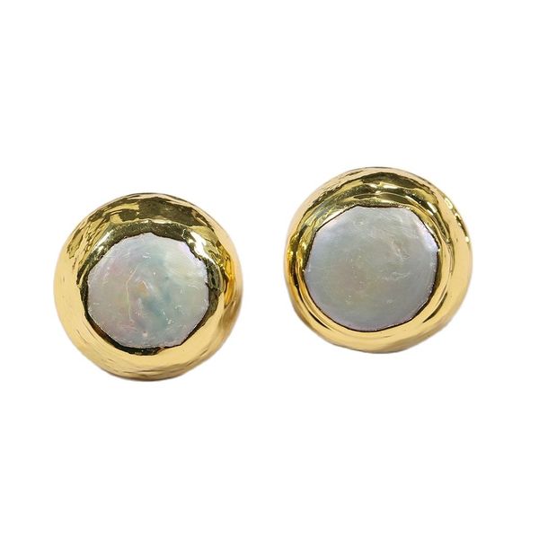 

big 20mm genuine white coin pearl stud gold plated stud earrings handmade for women simple classic gifts, Golden;silver