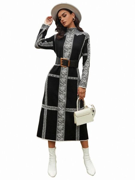 

women's sweaters floral pattern drop shoulder sweater dress without belt 61xf#, White;black