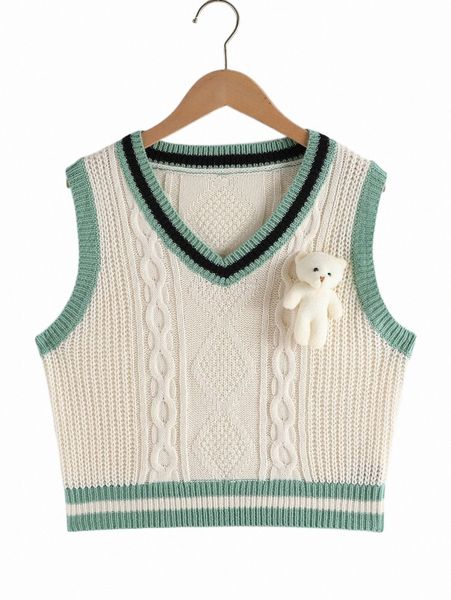 

women's sweaters striped trim 3d bear detail sweater vest a0q7#, White;black
