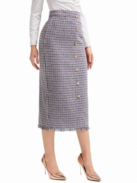 

skirts raw hem button up plaid tweed skirt 2022 new d4fc#, Black