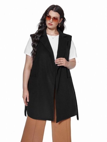 

plus size outerwear & coats plus lapel collar dual pocket belted vest overcoat h5i8#, Black