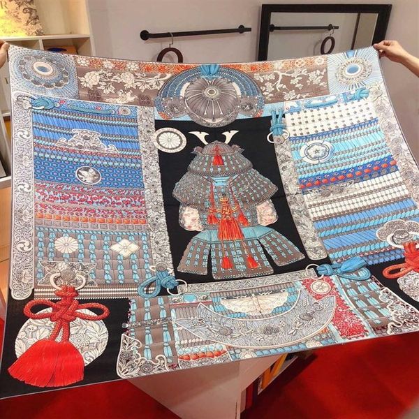 

140cm silk cashmere shawls scarves beautiful samurai pattern square pure silk shawls nice design patterns silk scarves h00236a, Blue;gray