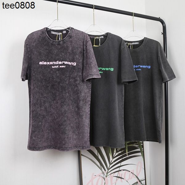 

aw king tee summer loose washing water used foam letter printing round neck short sleeve t-shirt men's and women's cotton ins, White
