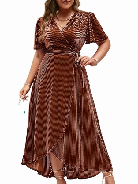 

plus size dresses plus flutter sleeve tie side wrap velvet dress d8di#, Black