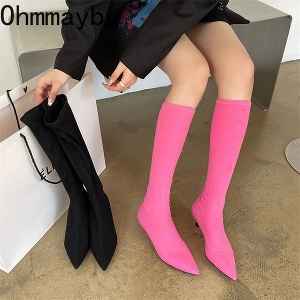 

boots pointed toe high knee heels shoes for women botas mujer 220908, Black