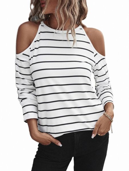 

women's t-shirt striped print cold shoulder tee s3v1#, White