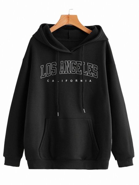 

women's hoodies & sweatshirts letter graphic kangaroo pocket drop shoulder drawstring thermal hoodie 94si#, Black