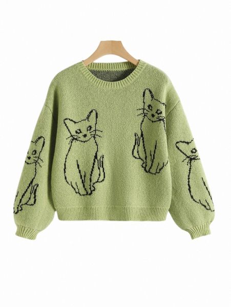 

women's sweaters cat pattern drop shoulder sweater g6yn#, White;black