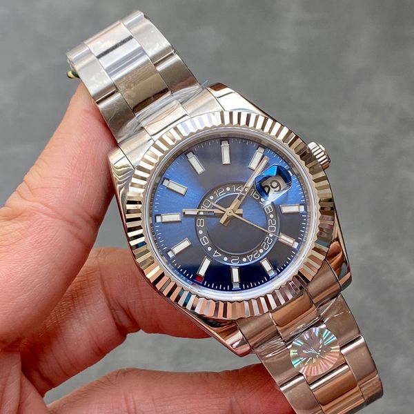 

classic men's watch dark blue dial 40mm sapphire glass mirror dual time zone original safety fold buckle montre de luxe automatic mecha, Slivery;brown