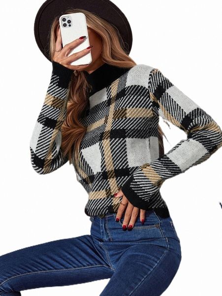 

women's sweaters plaid pattern turtleneck sweater v0jn#, White;black