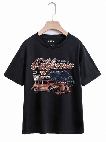 

women's t-shirt car and letter graphic drop shoulder tee e8sn#, White