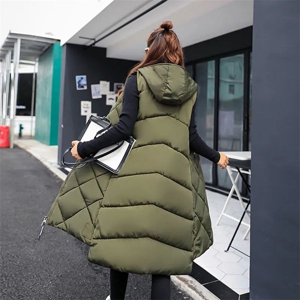 

women's down parkas winter down cotton hooded sleeveless waistcoat loose vest cotton vest long women's autumn jacket female bisic, Black