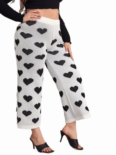 

plus size t-shirt plus heart pattern wide leg knit pants j6yh#, Black