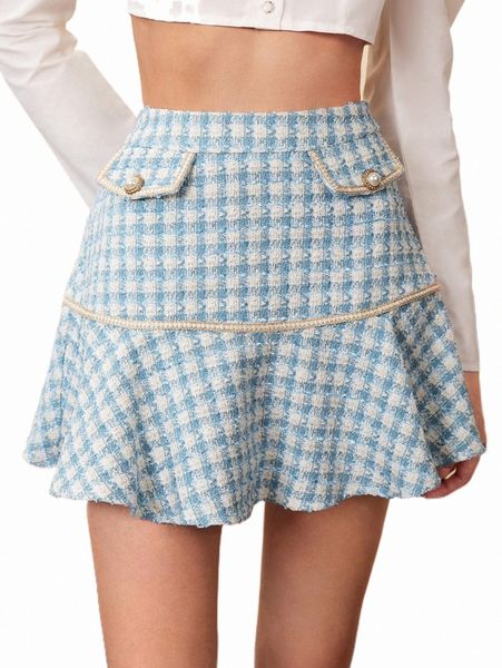 

skirts pearl detail ruffle hem wool-mix fabric skirt 65ud#, Black