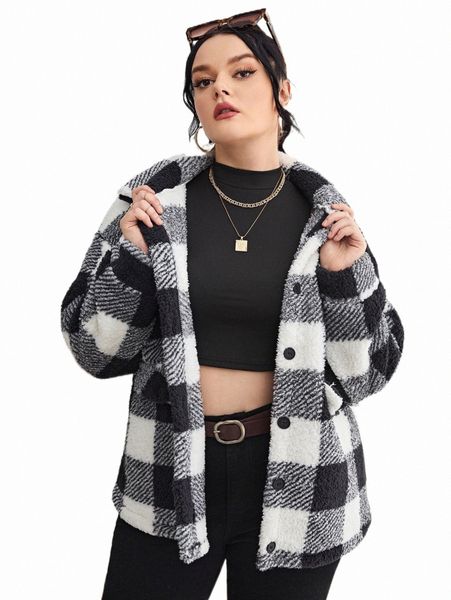 

plus size outerwear & coats plus gingham teddy jacket t6th#, Black