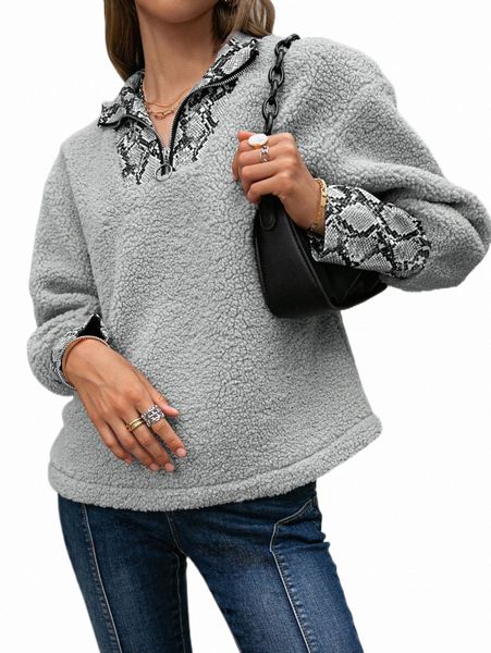

women's hoodies & sweatshirts simplee drop shoulder snakeskin pattern half zipper placket teddy sweatshirt 68r0#, Black