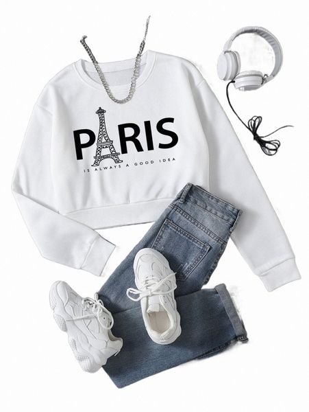 

women's hoodies & sweatshirts eiffel tower & slogan graphic thermal sweatshirt 17jn#, Black