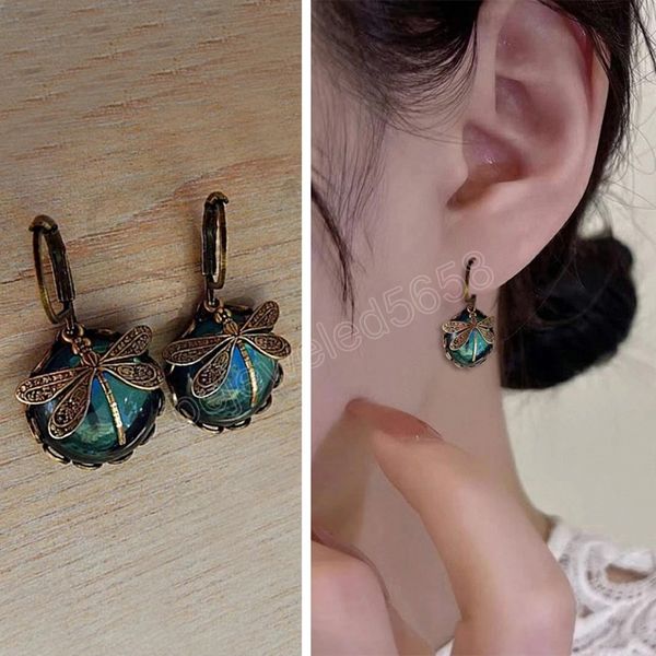 

vintage dragonfly dangle earrings fashion gold color metal carving pattern inlaid moonstone drop earrings for women jewelry, Silver