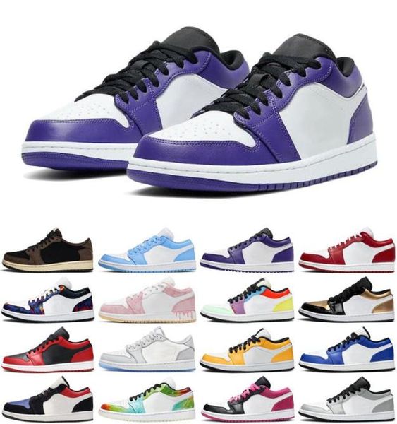 

2021 1 1s low mens basketball shoes court purple unc pine green paint drip