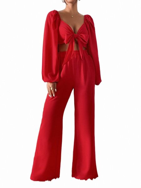 

two piece dress lantern sleeve tie front & wide leg pants d2lq#, White