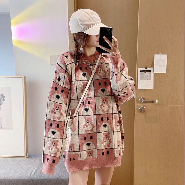 

women s sweaters sweater korean style loose spring and autumn plaid round neck long sleeved fashion pullover knitted women 220908, White;black