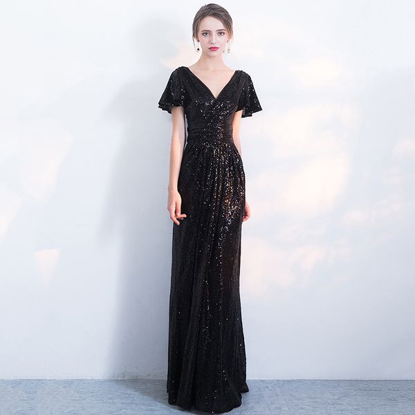 

black sequined mermaid prom dresses poet long sleeves evening gown deep v neck plus size formal party dress