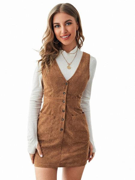 

casual dresses single breasted patch pocket cord overall dress 84aa#, Black;gray