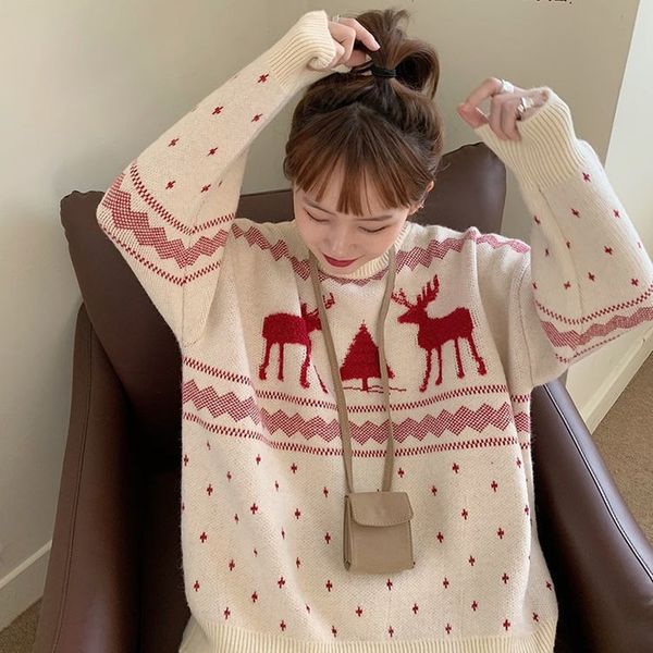 

women s sweaters japanese fashion loose red sweater autumn and winter all match pullover round neck long sleeved knitted women 220908, White;black