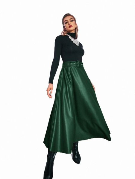 

skirts solid belted pu leather flared skirt 2022 new 42uv#, Black