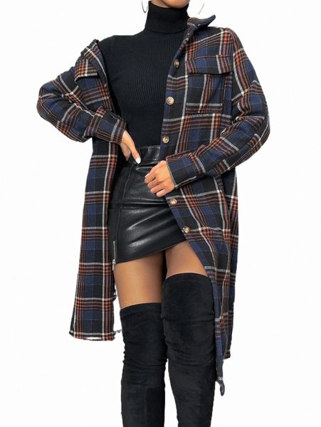 

women's down & parkas plaid print flap pocket drop shoulder coat z23m#, Black