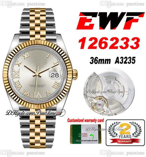 

ewf just 126233 a3235 automatic watch mens ladies 36mm two tone yellow gold silver roman dial jubileesteel bracelet super edition same serie, Slivery;brown