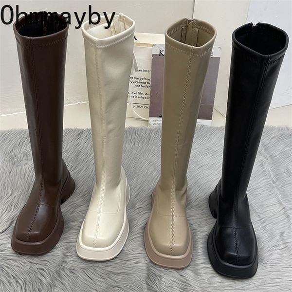 

boots platform woman knight kneehigh boots flats heel ladies zippers fashion winter long boots shoes for women botas femininas 220908, Black