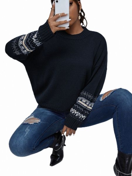 

plus size t-shirt plus geo pattern drop shoulder sweater 32g9#, Black