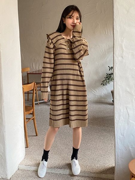 

women's sweaters dazy striped pattern sailor collar drop shoulder sweater dress w7cr#, White;black