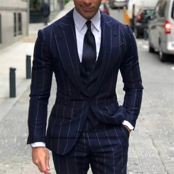 

men's suits blazers navy blue stripe mens suits 3 piece jacket vest pants set wedding groom one button tuxedo peaked lapel business bla, White;black