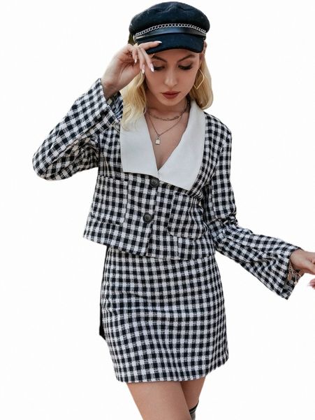 

women's down & parkas simplee houndstooth pocket front contrast collar tweed overcoat z5xt#, Black