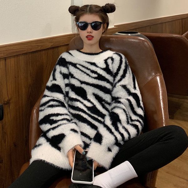 

women s sweaters autumn zebra pattern mohair knitted sweater women long sleeve thick winter fashion soft lady pullover korean 220908, White;black