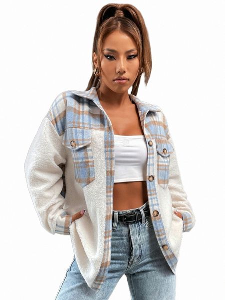 

women's down & parkas tartan print teddy panel drop shoulder coat e3gp#, Black