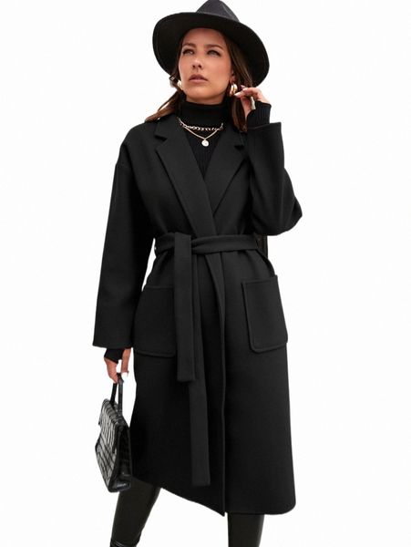 

women's down & parkas lapel neck dual pocket drop shoulder belted overcoat h7wt#, Black